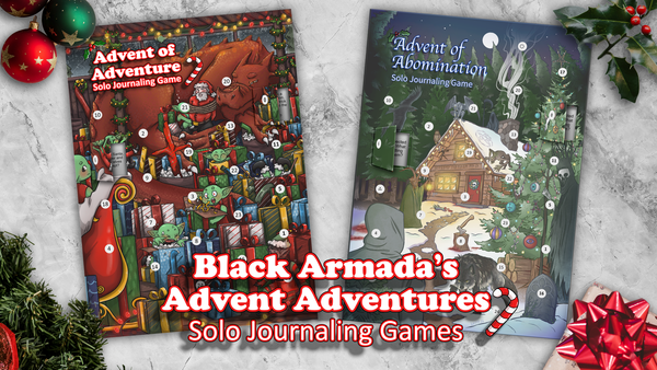 Two solo journaling games on a pale background decorated with holly, baubles and ribbon. Text reads: Black Armada's Advent Adventures.