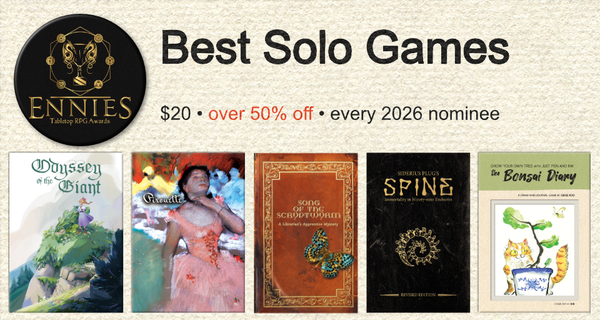 A fabric background with the Ennies Awards logo. "Best Solo Games" "£20 . Over 50% off . Every 2025 nominee" The covers of all 5 games below "Odyssey of the Giant, Pirouette, Song of the Scry