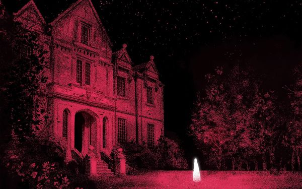 an ominous house with a figure in white outside, the picture is in red and black, faded like an old photo