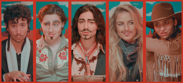 The cast of Good Day to Dice: Saddle Up. Vico Ortiz, Roz Warren, Jane Spencer, Woody Banger, and Annalea Fiachi