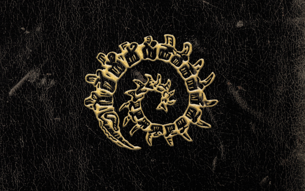 Illustration of a curled spine, all bones, in faded yellow. Set against the aged and worn leather of what looks like an old book cover.