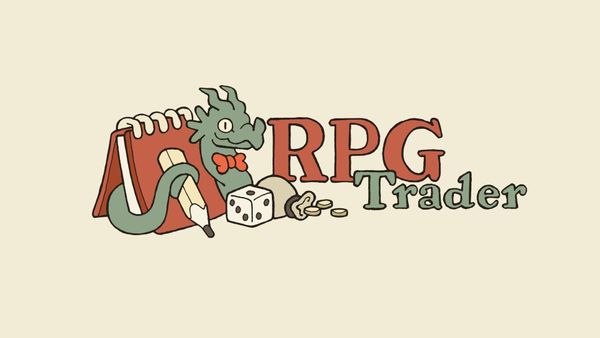 The logo of RPG Trader, featuring a dragon against a notebook, a dice and a coin bag.