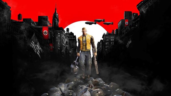 Screenshot of BJ Blaskowicz, a middle-aged man in a yellow jacket holding a gun and an axe adorned with helmets. Nazi insignia and blimps cover a dark urban skyline behind him.