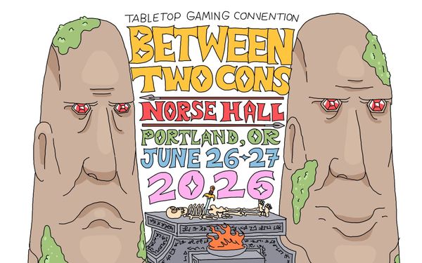 The promotional image for Between Two Cons, featuring two megaliths and a sacrificial altar wedged between them.