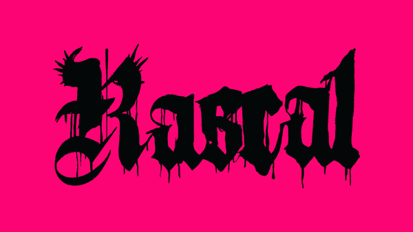 Rascal logo in a black spraypaint splatter variant on a hot pink background