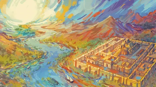 A colorful impressionistic painting of a Sumerian-inspiraed walled city next to a river. It is full of warm tones, offset by the purple mountains in the background.