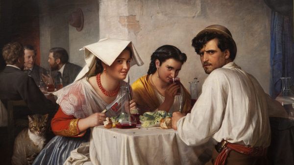 An old master's painting that depicts three young people eating. They've turned towards the viewer with looks of derision on their faces. A cat also glares at the viewer.