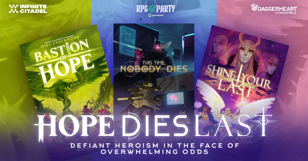 Hope Dies Last - Defiant heroism in the face of overwhelming odds. Three book covers fan out atop matching background colors: Bastion of Hope; This Time, Nobody Dies; and Shine Your Last.