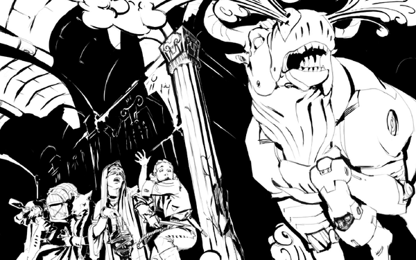 Several adventurers on the left are hiding behind a wall, for fear of being spotted by a menacing,mechanical bull.