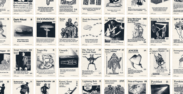 Grid of black and white MTG cards from the Zeta Set release, their art composed of scavenged image, collage, and DIY aesthetics.