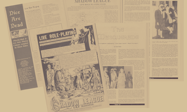 old pages from Australian magazines and journals showcasing articles about larping 