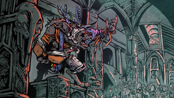 A wolfish humanoid wearing a headdress of scrap metal preaches to a gathered crowd. One hand is raised, while the other holds an open book. 