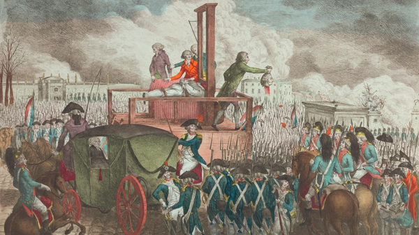 Painting of Louis XVI's execution. Four men on a guillotine, one holding up a severed head. French soldiers, horses and a carriage in the foreground.