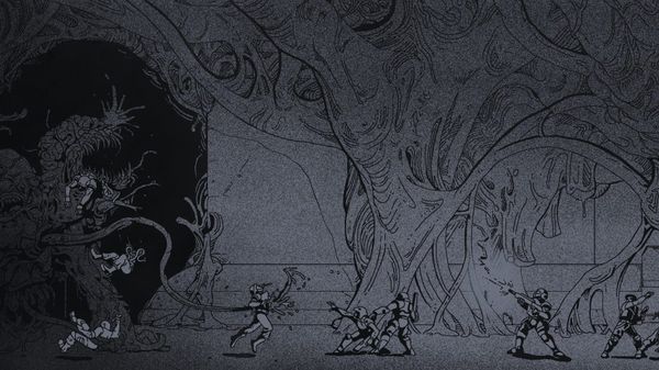 Dark black-and-white illustration of a massive alien fighting at least eight figures in space suits. It's all fleshy and monstrous, and one person is torn in half.