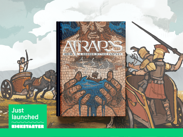 Mockup of the cover of Atrapos, a doomed mythic fantasy roleplaying game. A mosaic style cover of a barechested man holding a piece of the ocean and a ship in his hands.