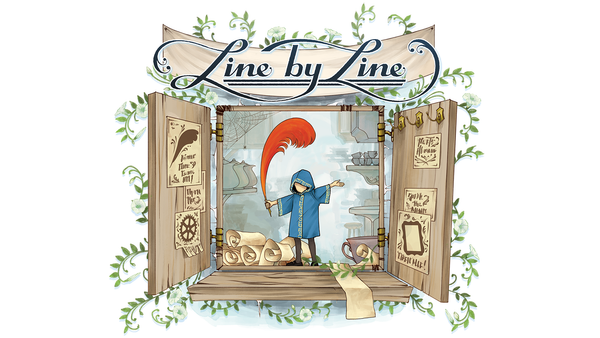 A small humanoid in an oversized blue robe stands on the ledge of an open window. They are surrounded by scrolls and pieces of parchment. Above the window reads Line by Line.