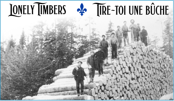 A group of historical lumberjacks standing on an enormous lumber pile.