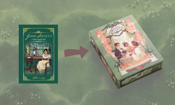 good society first edition book with an arrow pointing towards the new pastel boxed set featuring a typical regency setting image