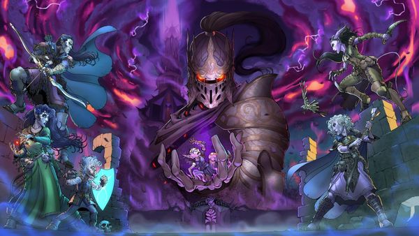 Several fantasy adventurers arrayed, weapons drawn, around a helmed figure with red eyes who holds a cowering goblin in its hands.