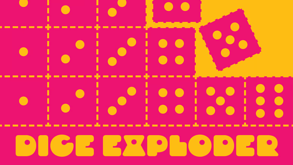 Logo for the podcast Dice Exploder. Pink dice are placed amidst a yellow background.