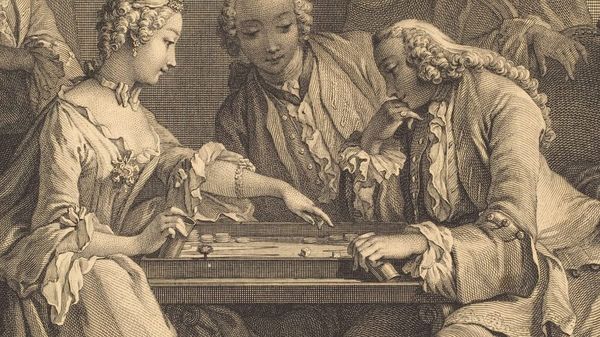 A woman in an elaborate dress points at a backgammon board. Her companion is considering her gesture. An onlooker observes from the side.