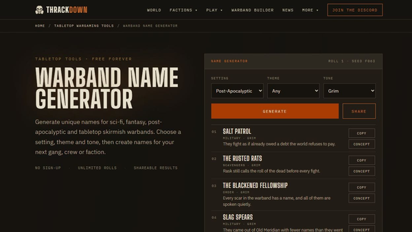 Thrackdown's Warband Name Generator showing setting, theme and tone controls beside a batch of generated names.