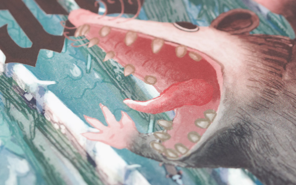 Illustration of a massive screaming possum in a snowy woods. There are black letters in the top left, but the word is obscured by the crop