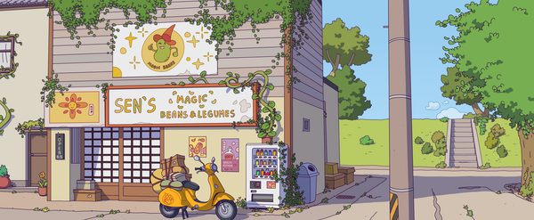 Artwork for Obojima: Tales from Yatamon - depicting a city scene including a shop called SEN's Magic Beans & Legumes, a scooter, and a vending machine.