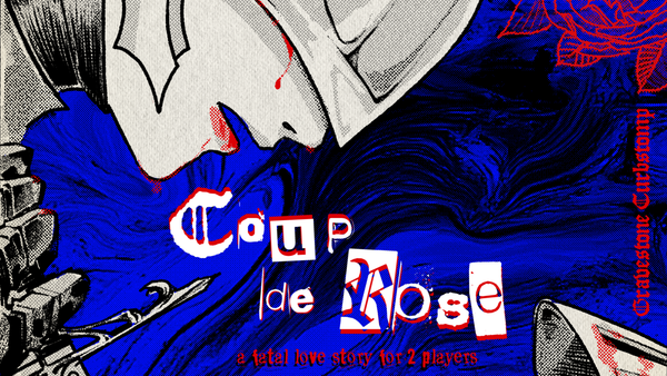 A bright blue snippet of a game cover. A knight cries in anguish as it drives a dagger into another knight, offscreen. The test reads, "Coup de Rose, a fatal love story for 2 players".
