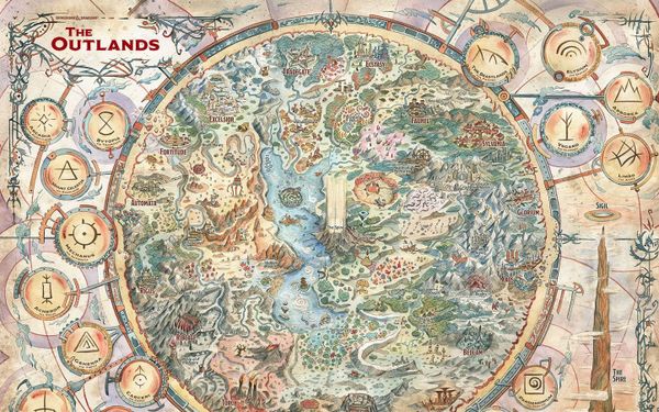 map of the planes from D&D with a complex swirling of different lands in the centre with the names on the outer rim