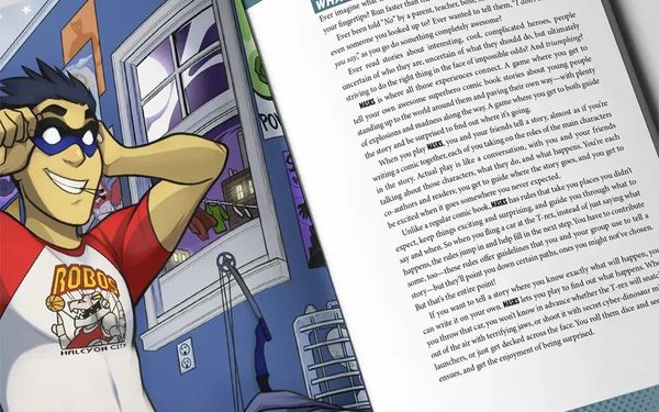 a spread from the first edition of Masks showing a child putting on a super hero