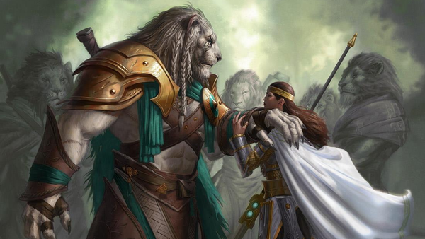 A white lion man with braided hair grasps the shoulder of a femme soldier in gold and white. Other lion people stand in the background.