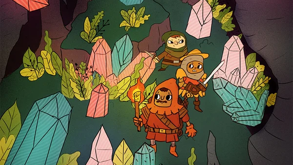 Illustration of three furtive adventurers in medieval garb explore a cavern full of pastel crystals and ferns.
