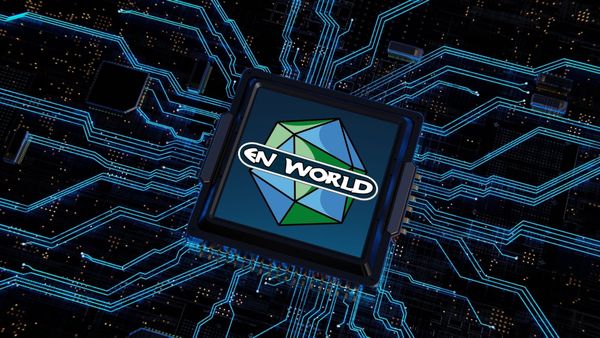 A sytlized digital image of a circut on a motherboard with blue circuts emanating out. The blue-and-green EN World D20 logo is in the center of the circut. 