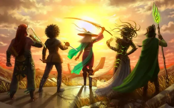 Against a yellow-gold sunrise, five heroes from the Trading Card Game Magic: The Gathering stand in a heroic pose.  