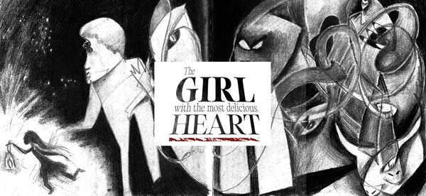 The main artwork for The Girl With The Most Delicious Heart in the style of pencil-drawn Guernica-if-it-was-monsters-chasing-a-girl