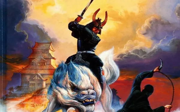 a red-faced samurai on a white demon-dog facing a ninja with a chained weapon