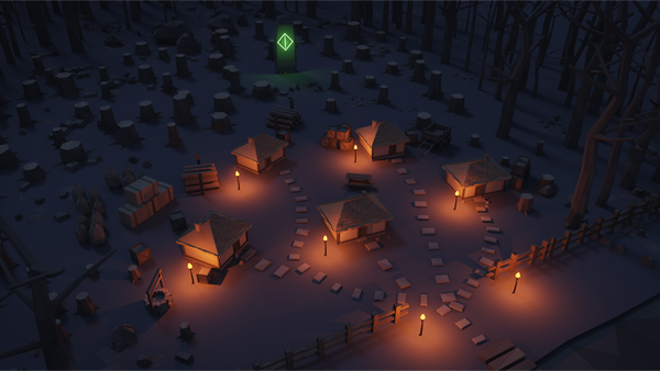 A fantasy wooden village at night with warm lights, rendered in Fabulorium