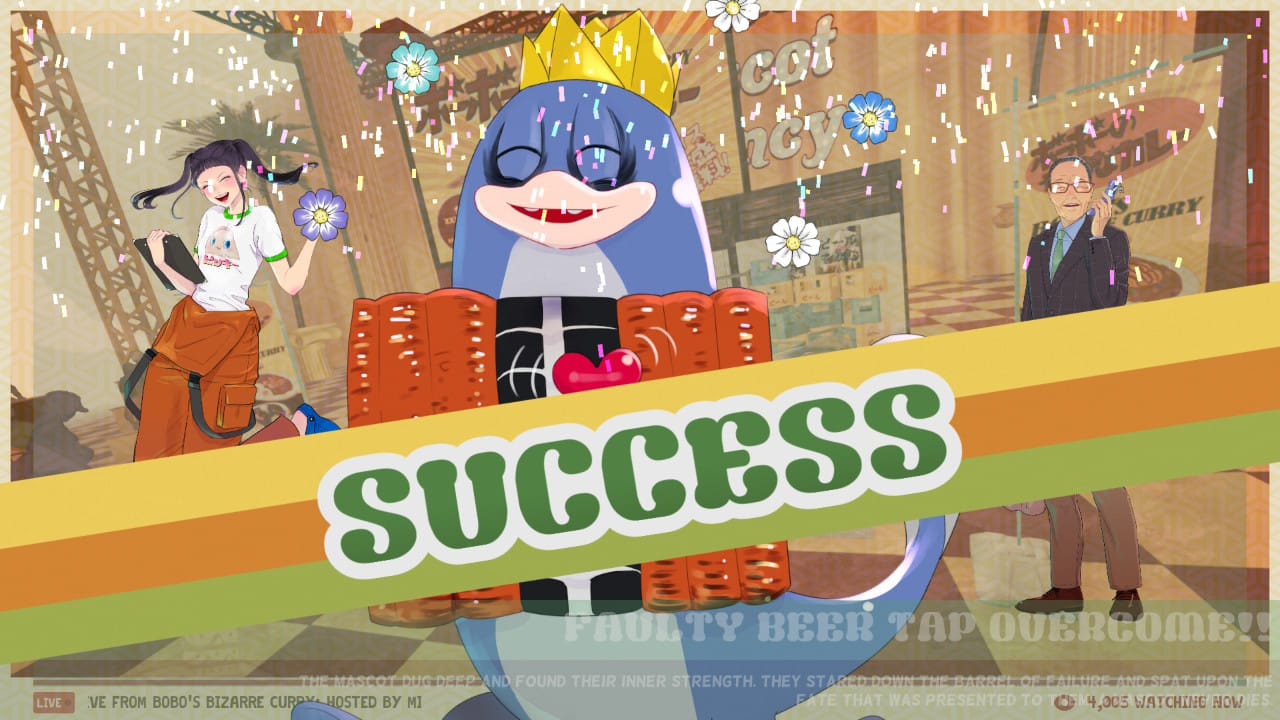An unuagi mascot (eel with its ribcage ripped open) smiling behind a banner that says "SUCCESS"