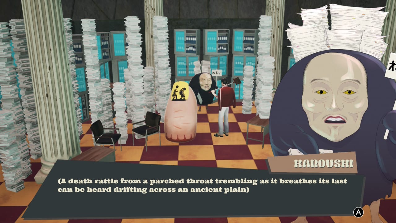 A creepy faced bird mascot named Karoushi in a dialogue scene with the (implied non-verbal) dialogue reading "(A death rattle from a parched throat trembling as it breathes its last can be heard drifting across an ancient plain)"