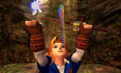 Link in Ocarina of Time holding up the sinking lure