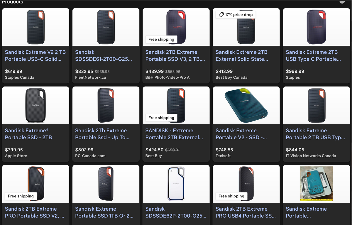 A bunch of shopping results for the same Sandisk external portable SSD with exorbitant pricing 