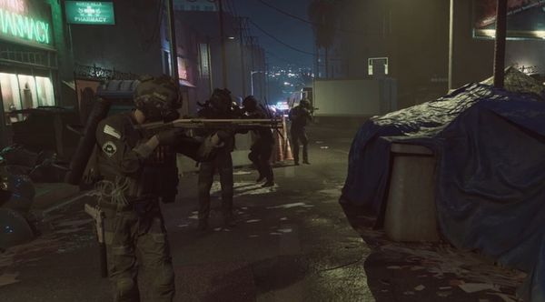A videogameSWAT cop holds a shotgun out next to what looks like an unhoused person's tent on a street.