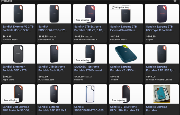 A bunch of shopping results for the same Sandisk external portable SSD with exorbitant pricing 