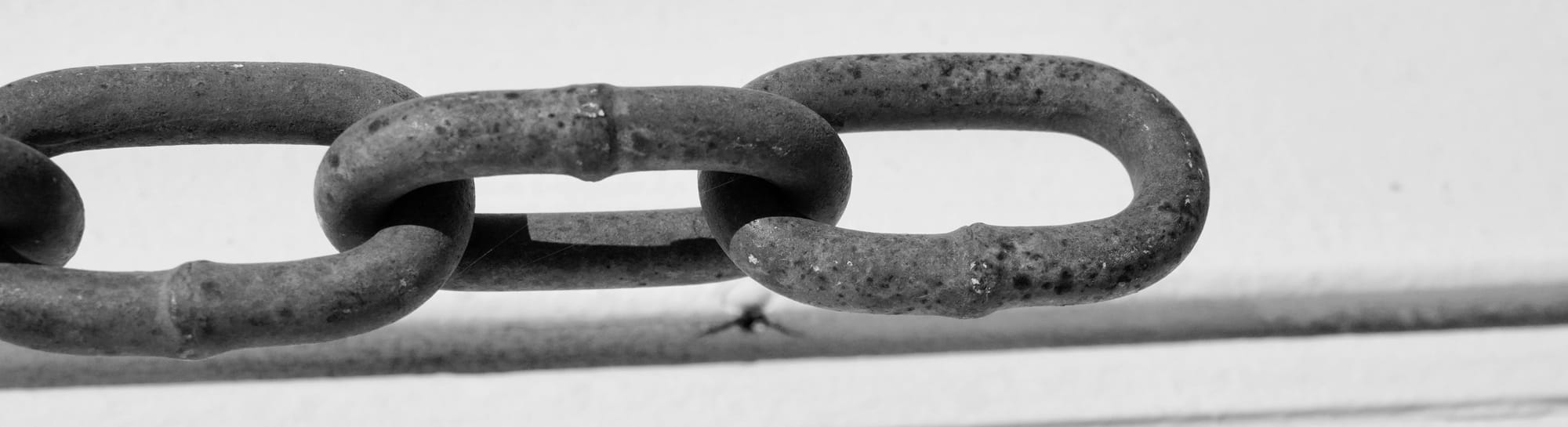 A rusty chain and its shadow hang.