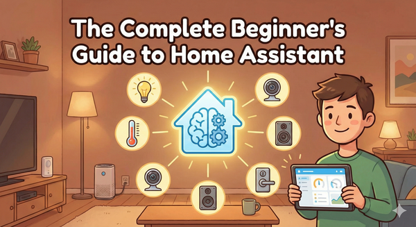 Home Assistant visual with man smiling holding tablet