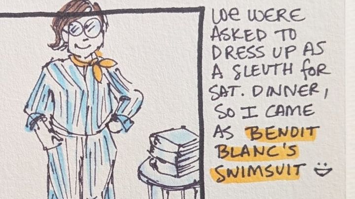 a comic with a faux Benoit Blanc, rock climbing, and a rainbow