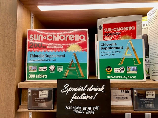 Sun Chlorella supplements for sale on shelf