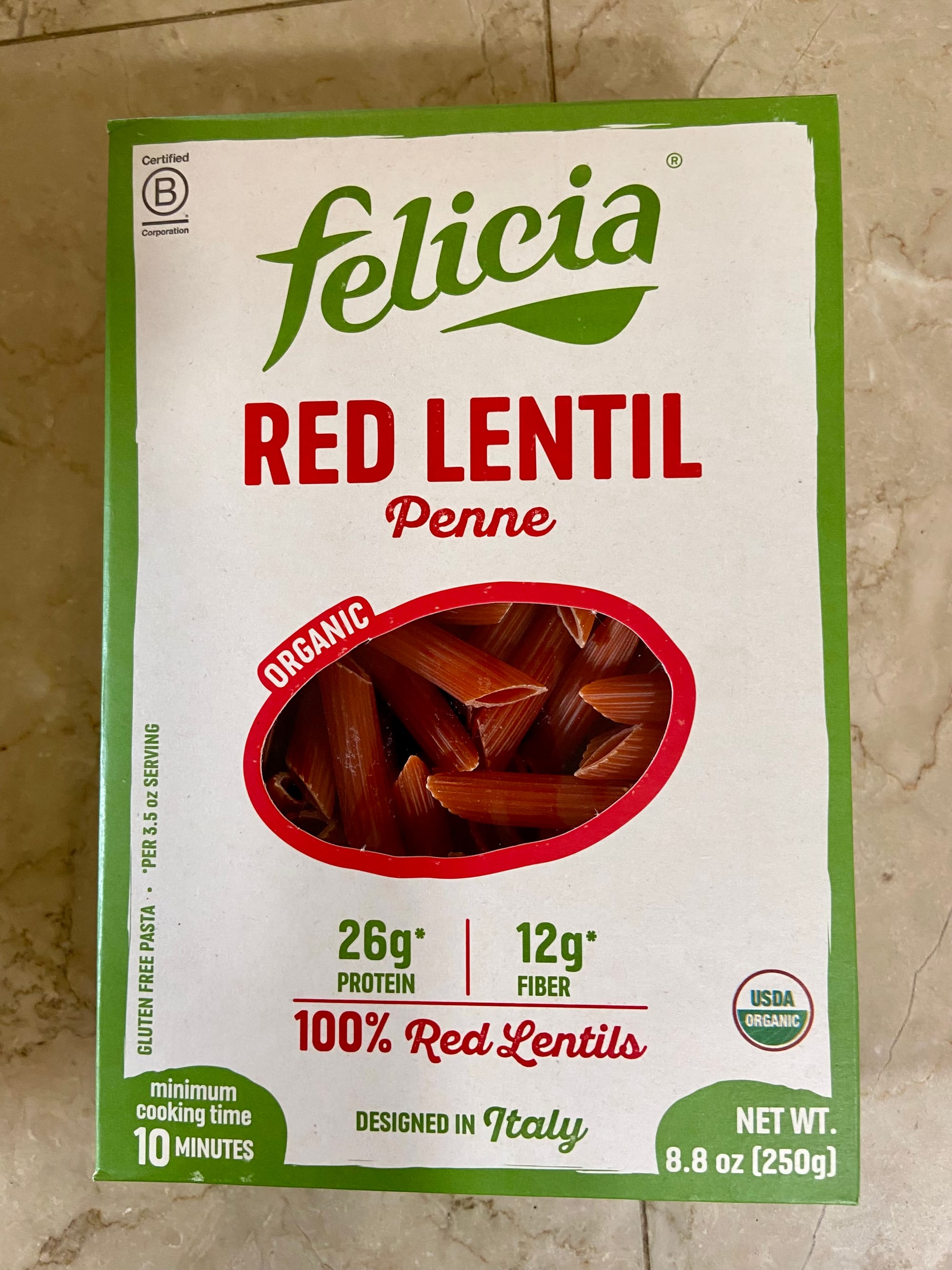 Box of Felicia red lentil penne