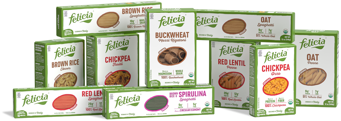 Boxes of different types of Felicia pasta products